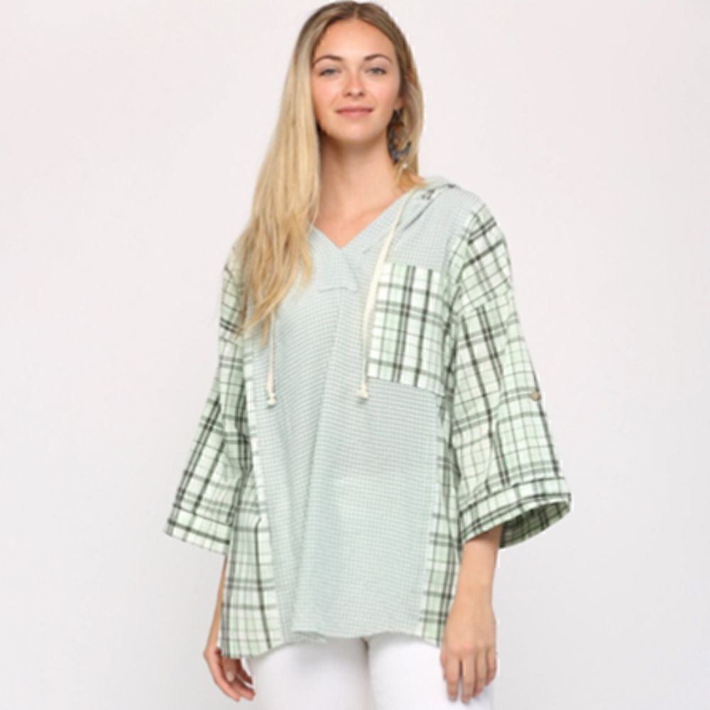 Boho Mint Green Plaid Mixed Hoodie Loose Fit Pullover Top Raw Edge Cotton